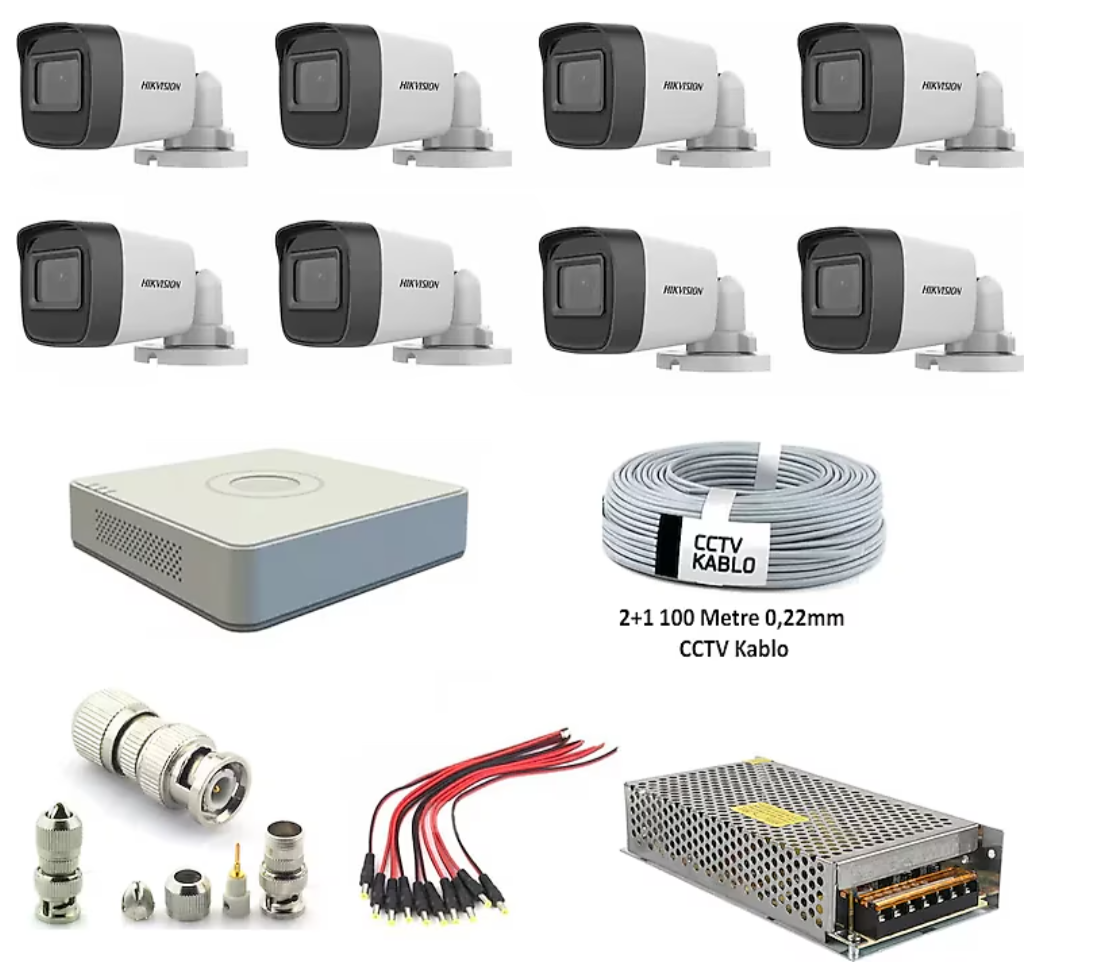 Hikvision DS-2CE16D0T-EXIPF 2 MP Full HD 1080P Bullet Güvenlik Kamera Seti 8'li